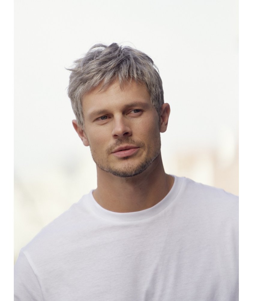 Perruque Homme Cheveux Naturels Blanc Gris Méchés - Modèle Albert 51, Courte, Taille M